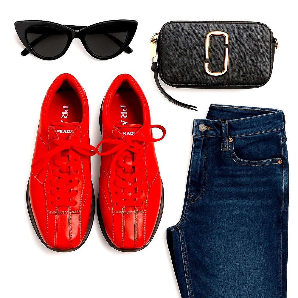 Prada Vintage Red Leather Sneakers Women's Size 8 Lace-Up Low Top Logo Sole GUC - Picture 2 of 8